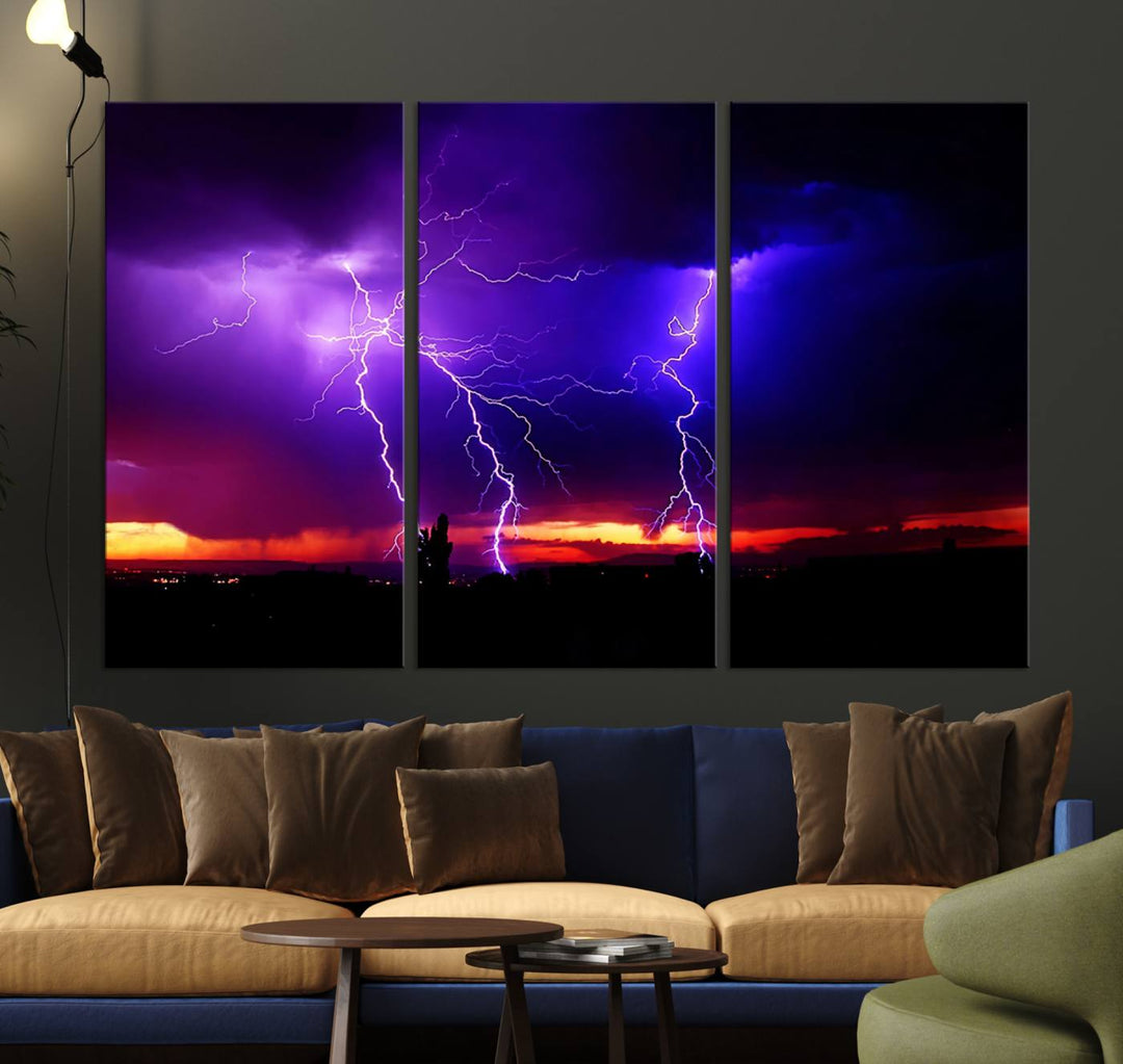 Electrifying Sunset Thunderstorm Canvas Print – Dramatic Lightning and Vibrant Sunset Wall Art