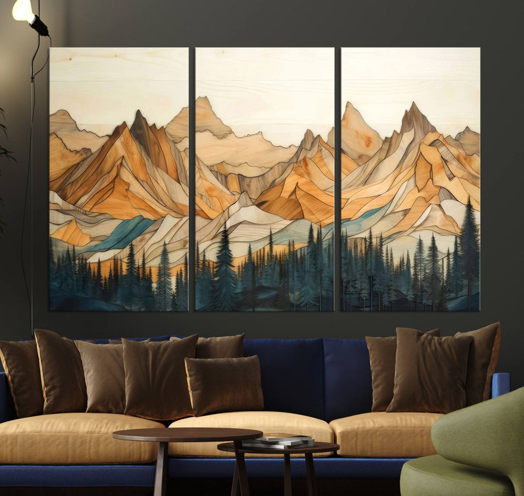 Rustic Wood Style Mountain Wall Art Print | Triptych Giclee Print Featuring Handcrafted Forest and Mountain Range Design | Framed Ready-to-Hang Print