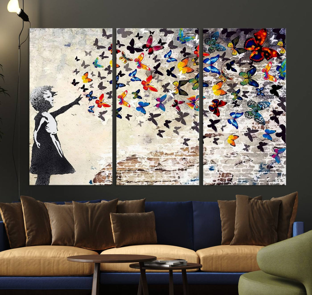 Banksy Style Girl with Butterflies Wall Art - Beautiful Framed Ready-to-Hang Triptych Canvas - Vibrant Butterfly Street Art for Modern Decor