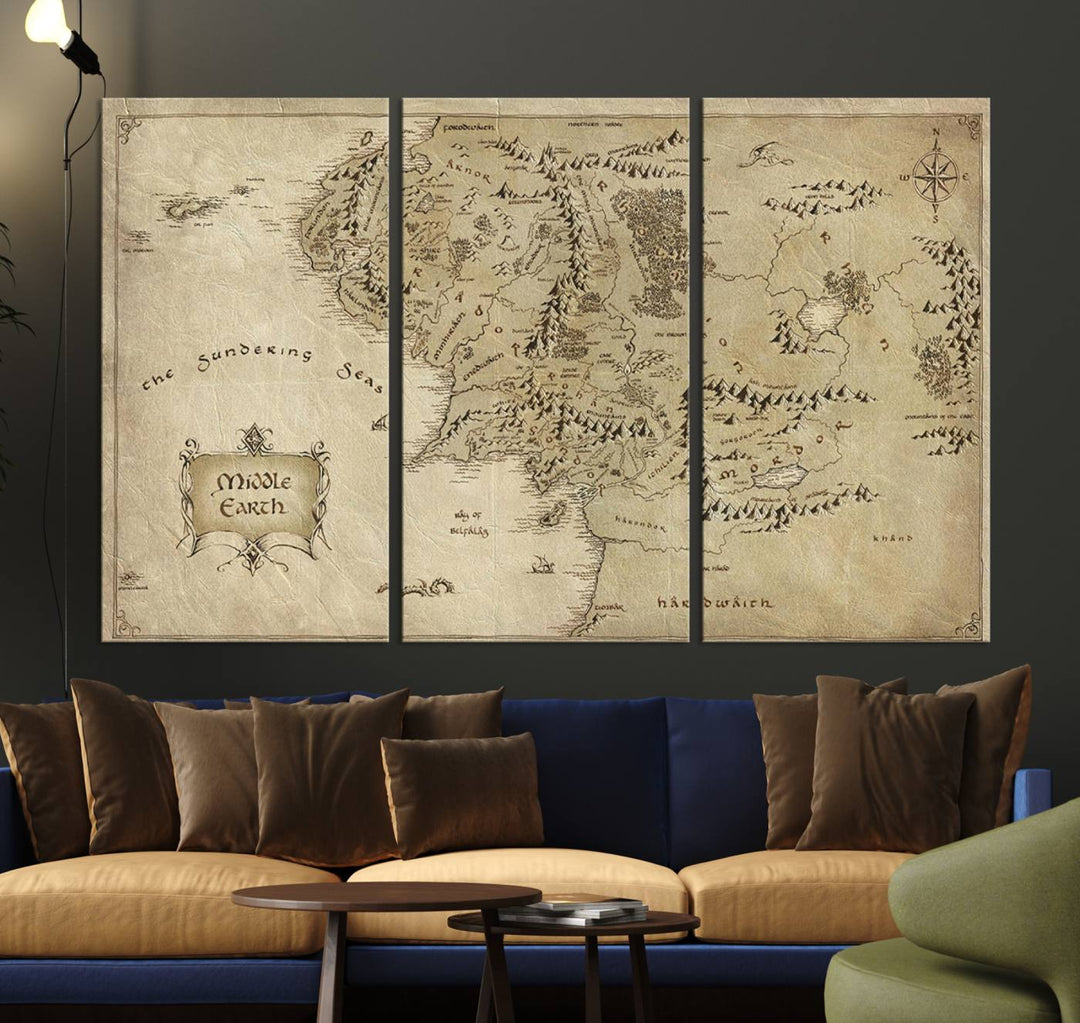 Middle Earth map canvas triptych for Lord of the Rings fans. Vintage-style wall art perfect for fantasy-themed decor.