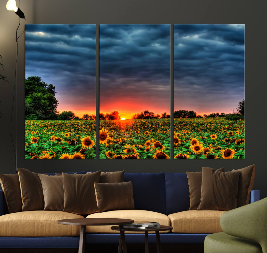 Golden Sunflower Field at Sunset – Breathtaking Sky and Vibrant Flowers, Ready to Hang Wall Art Canvas Print