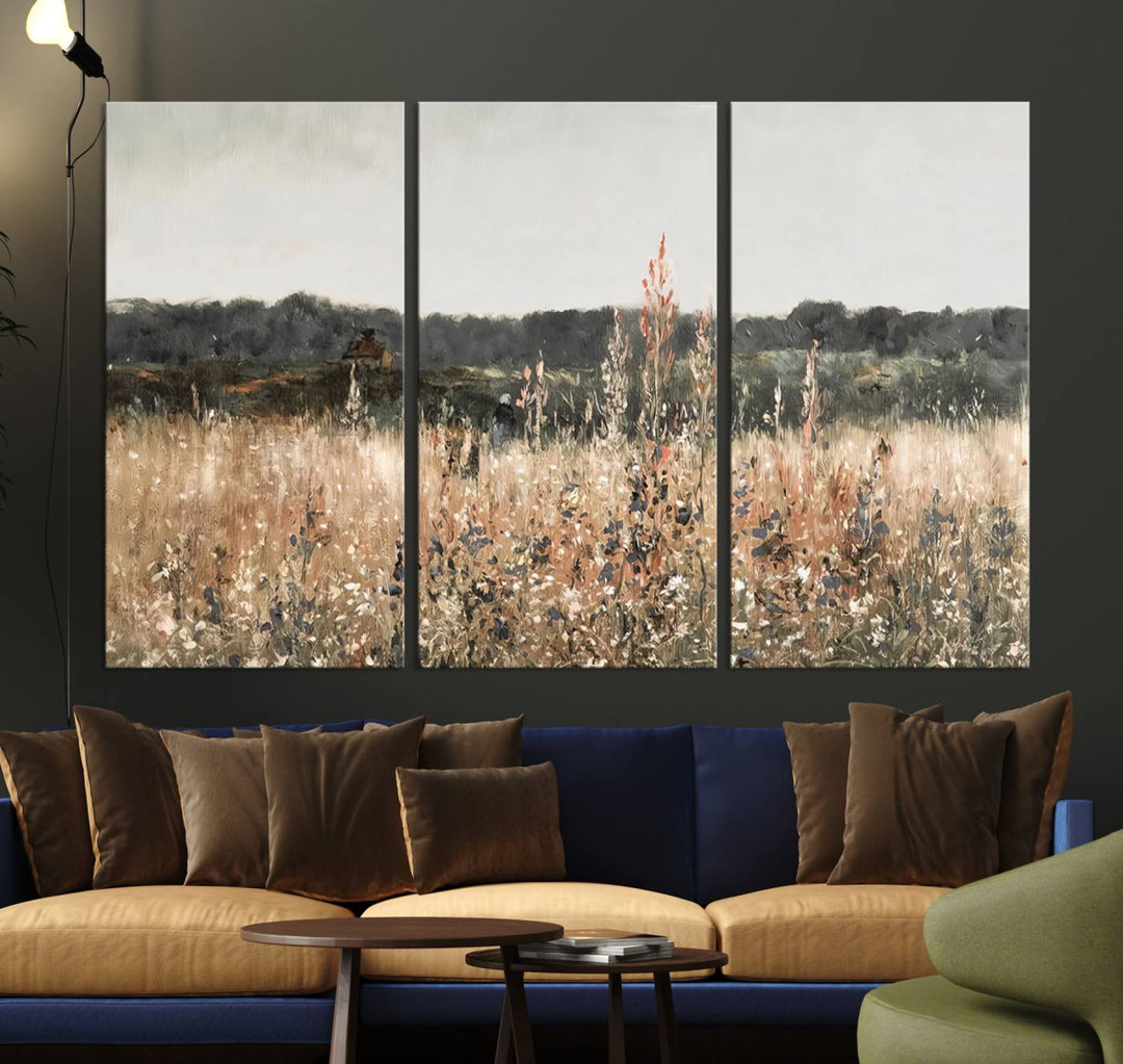 Rustic field landscape triptych on giclee canvas, perfect for adding warmth to modern home decor.