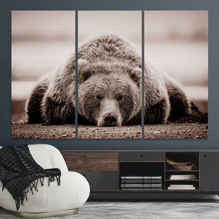 The Grizzly Bear Wall Art Print - a Rustic Bear Portrait Canvas - serves as the centerpiece on the wall, creating an elegant, nature-inspired decor.