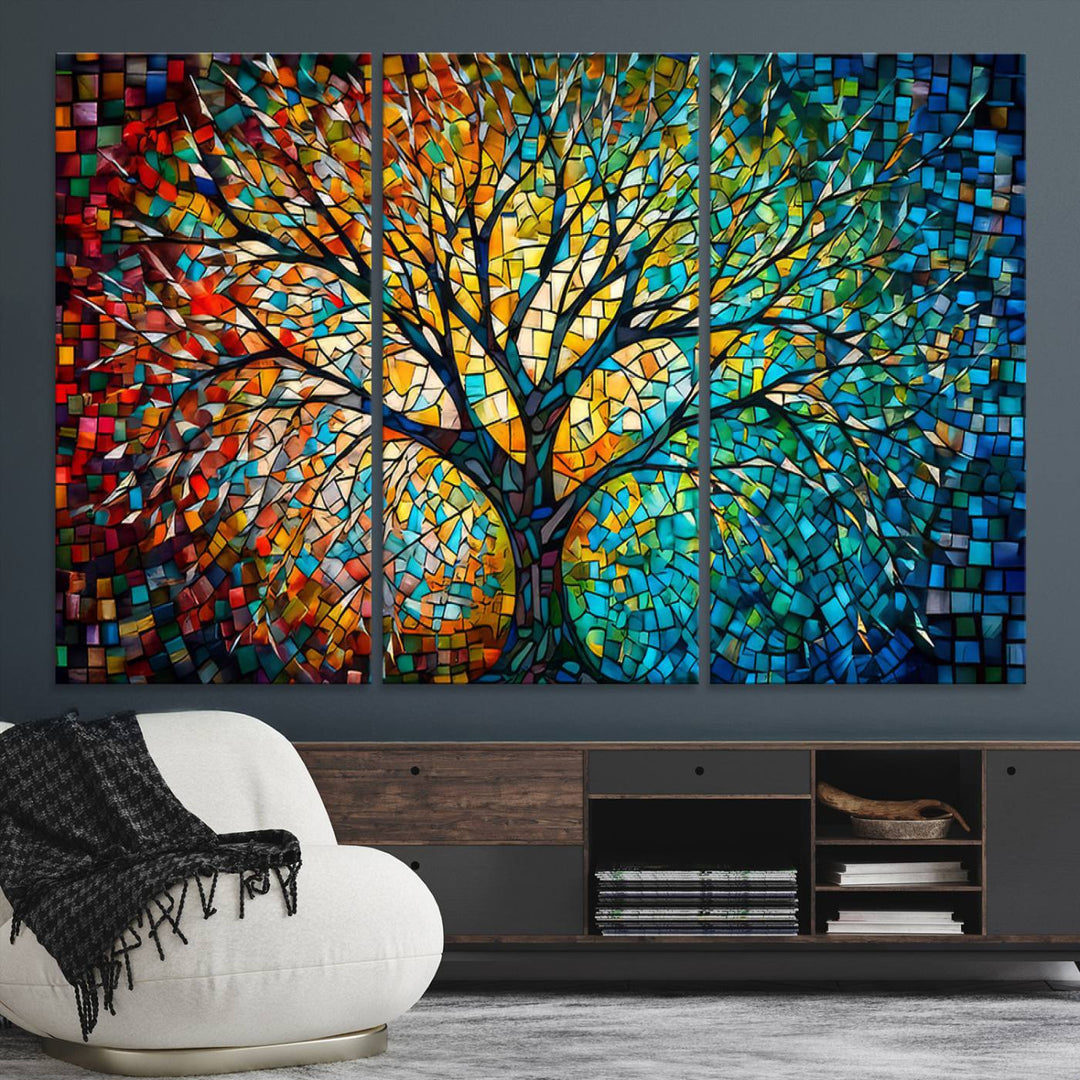 Explore the Yggdrasil Tree of Life Wall Art Print, a 3-panel canvas print made in the USA, featuring a vibrant multicolor mosaic design.