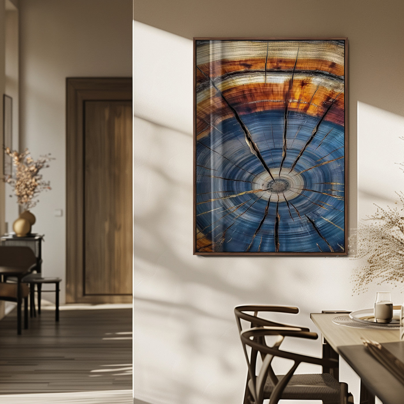 MGV-FP-48X32-3P - Tree Rings Wall Art Canvas Print, Framed Wood Texture Art Picture Print, Blue Grain Perfect Rustic Modern Decor Artwork