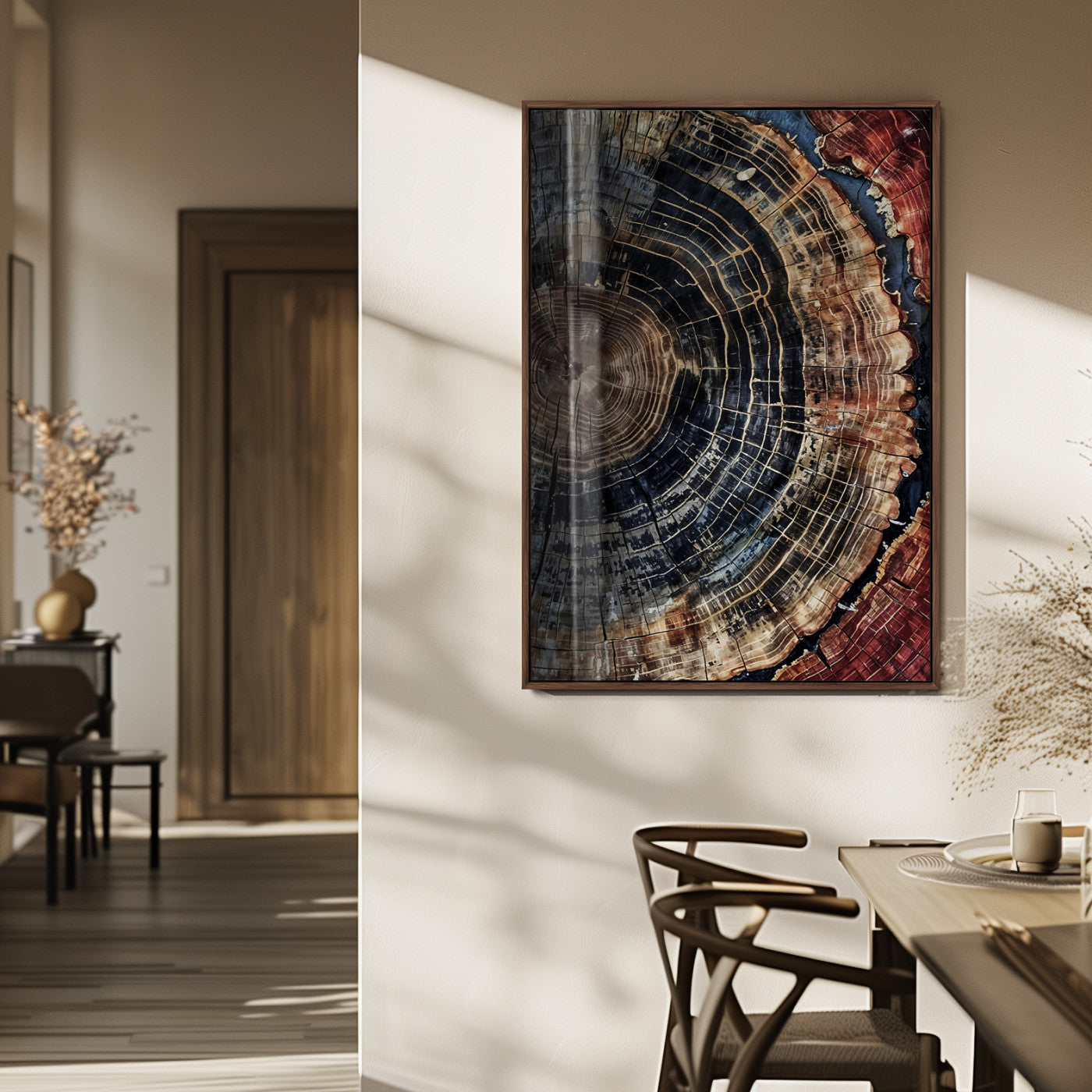 MGV-FP-48X32-3P - Tree Rings Wall Art Canvas Print, Framed Wood Grain Art Picture Print, Rustic Texture Perfect Rustic Nature Decor Artwork