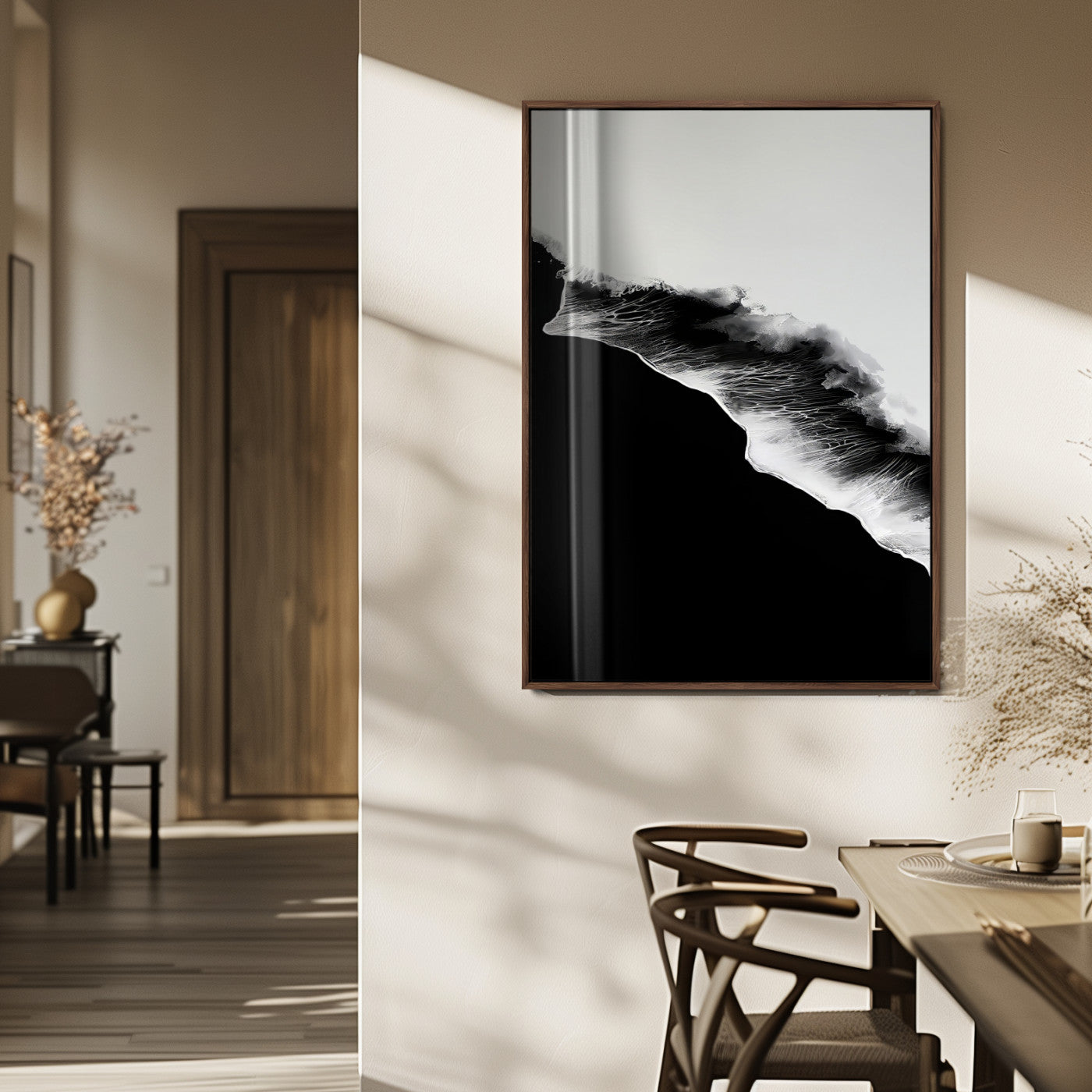 MGV-FP-48X32-3P - Ocean Wave Wall Art Canvas Print, Framed Abstract Wave Art Picture Print, Monochrome Sea Perfect Modern Minimal Decor Artwork