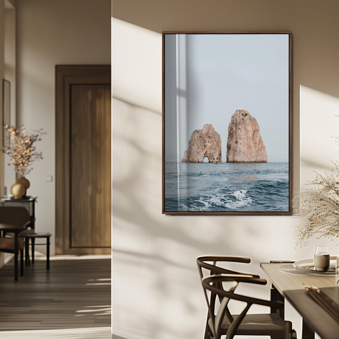 MGV-FP-48X32-3P - Faraglioni Capri Wall Art Canvas Print, Framed Serene Ocean Art Picture Print, Mediterranean Coastal View Perfect Mediterranean Minimalist Decor Artwork