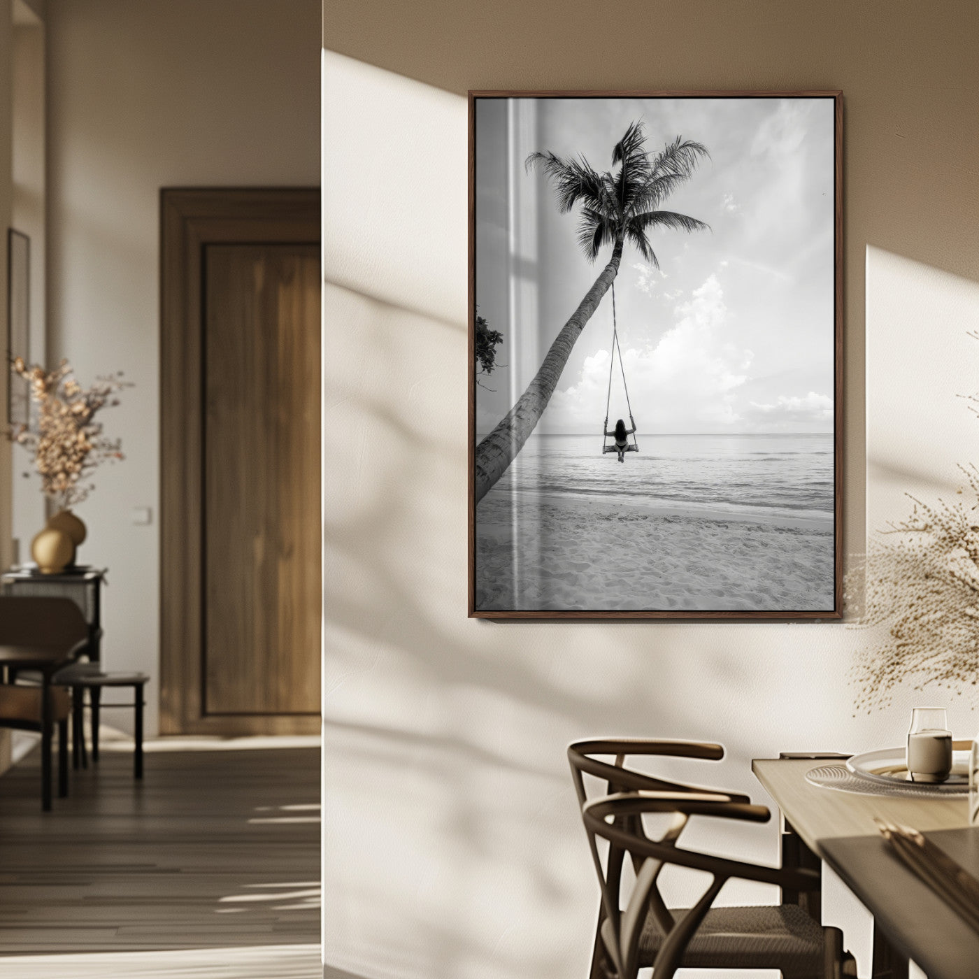 MGV-FP-48X32-3P - Black White Palm Tree Wall Art Canvas Print, Framed Minimalist Beach Swing Art Picture Print, Monochrome Coastal Perfect Minimalist Coastal Decor Artwork