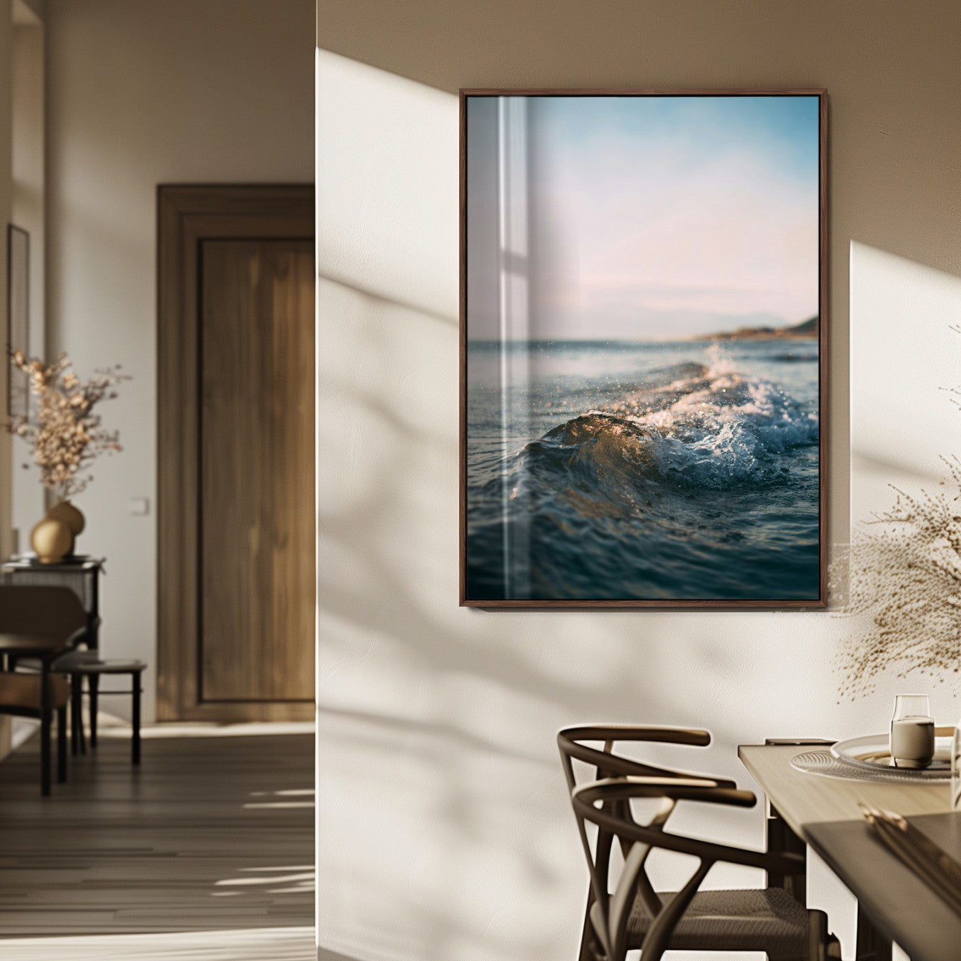 MGV-FP-48X32-3P - Ocean Waves Wall Art Canvas Print, Framed Coastal Serenity Art Picture Print, Golden Hour Perfect Modern Coastal Decor Artwork