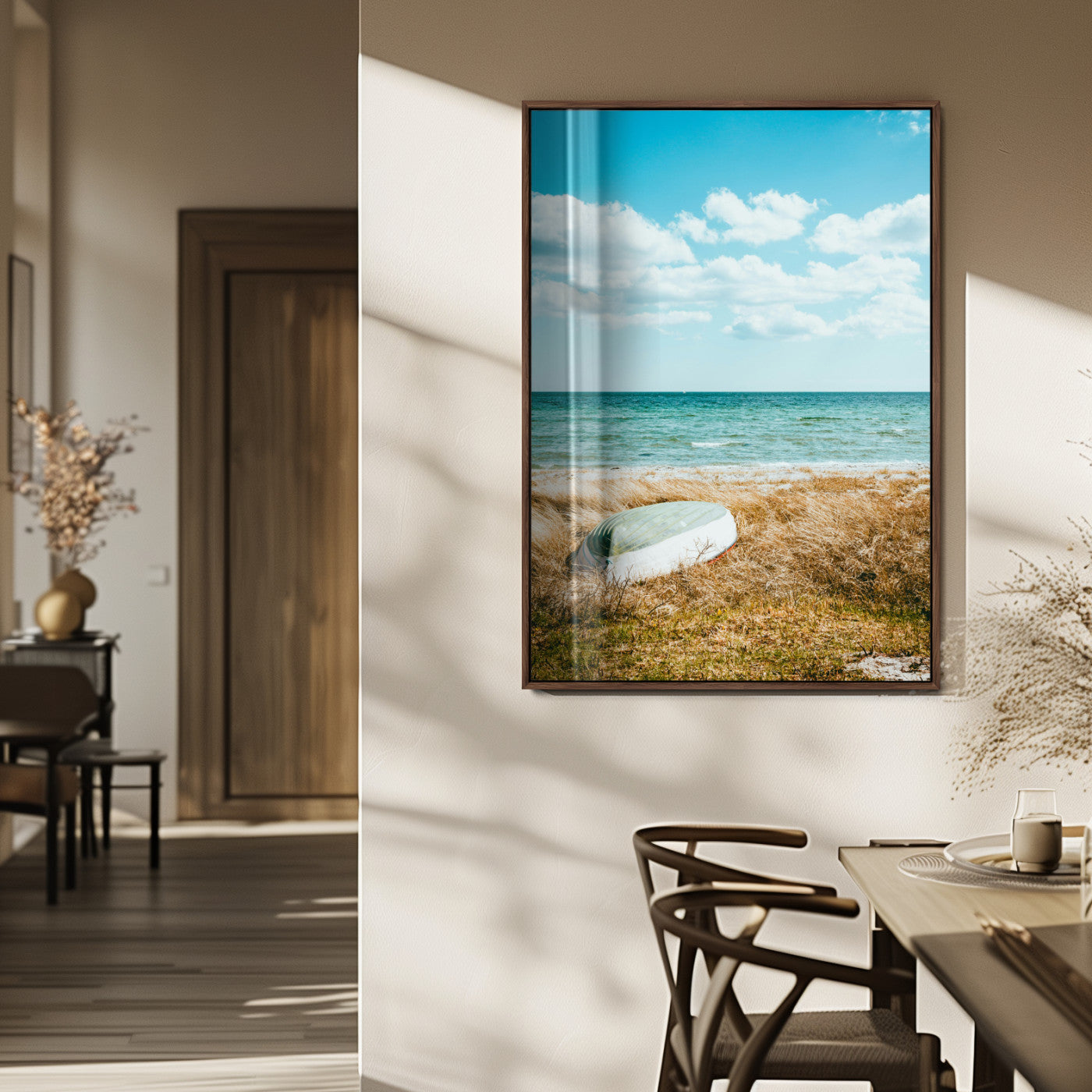MGV-FP-48X32-3P - Coastal Serenity Wall Art Canvas Print, Framed Ocean View Art Picture Print, Rustic Boat Perfect Nautical Coastal Decor Artwork