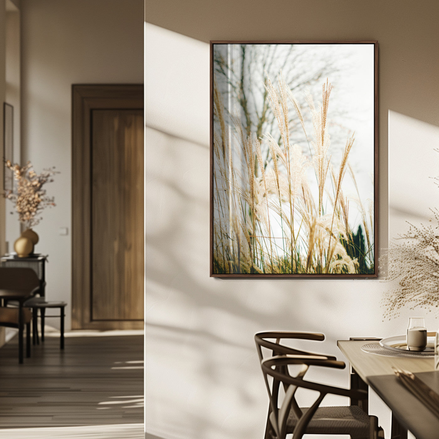 MGV-FP-48X32-3P - Pampas Grass Wall Art Canvas Print, Framed Neutral Tones Art Picture Print, Minimalist Nature Perfect Boho Minimalist Decor Artwork