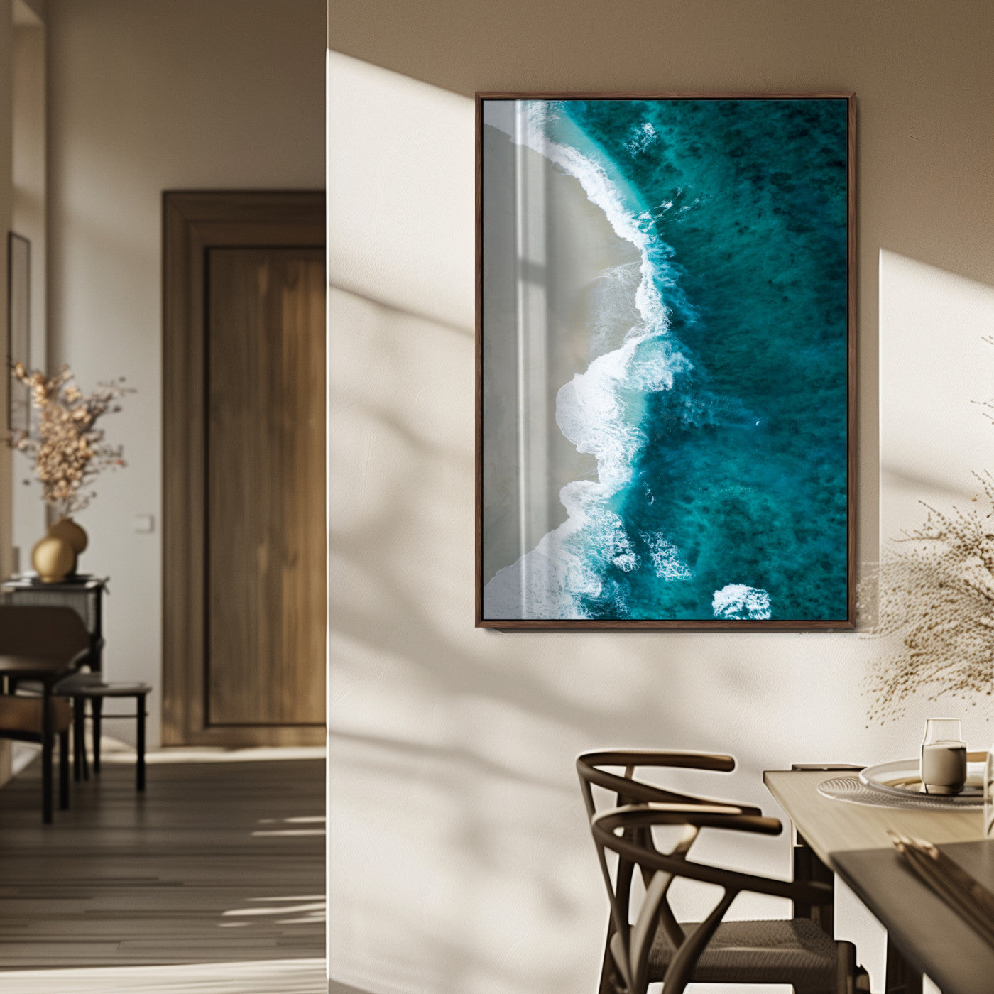 MGV-FP-48X32-3P - Aerial Ocean View Wall Art Canvas Print, Framed Coastal Serenity Art Picture Print, Turquoise Waves Perfect Modern Coastal Decor Artwork