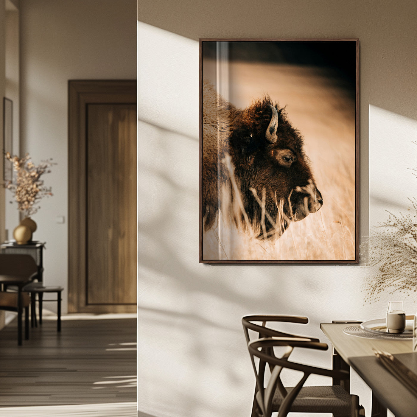 MGV-FP-48X32-3P - Bison Portrait Wall Art Canvas Print, Framed Western Landscape Art Picture Print, Prairie Serenity Perfect Modern Ranch Decor Decor Artwork