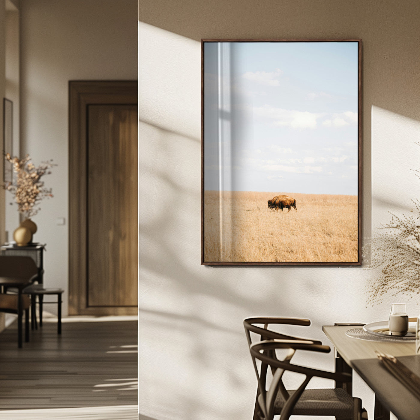 96766166-MGV-FP-48X32-3P_Walnut-Minimalist Nature Wall Art Canvas Print, Framed Bison In Grassland Art Picture Print, Open Field