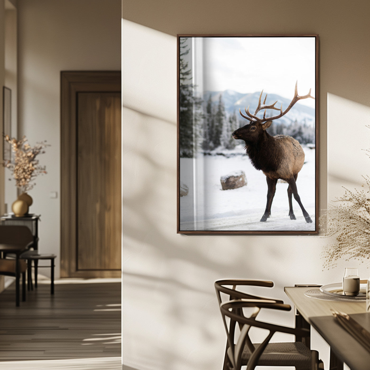 MGV-FP-48X32-3P - Elk Photography Wall Art Canvas Print, Framed Winter Wildlife Art Picture Print, Snowy Mountains Perfect Rustic Cabin Decor Decor Artwork