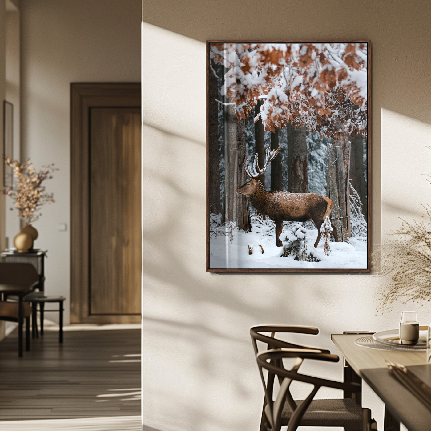 MGV-FP-48X32-3P - Serene Landscape Wall Art Canvas Print, Framed Winter Wonderland Art Picture Print, Winter Deer Perfect Cabin Decor Artwork