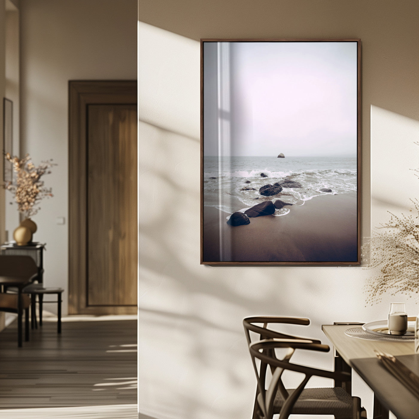 MGV-FP-48X32-3P - Moody Seascape Wall Art Canvas Print, Framed Neutral Beach Art Picture Print, Foggy Ocean Perfect Minimalist Decor Artwork