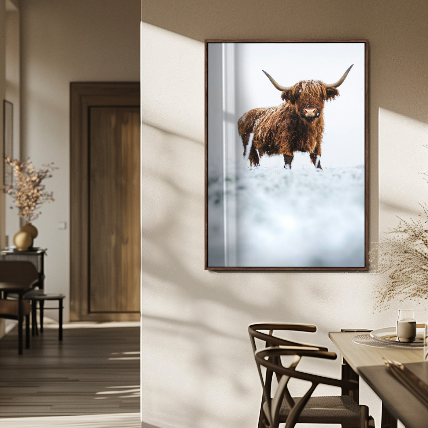MGV-FP-48X32-3P - Highland Cow Wall Art Canvas Print, Framed Horned Cow Art Picture Print, Scottish Cattle Perfect Farmhouse Decor Artwork