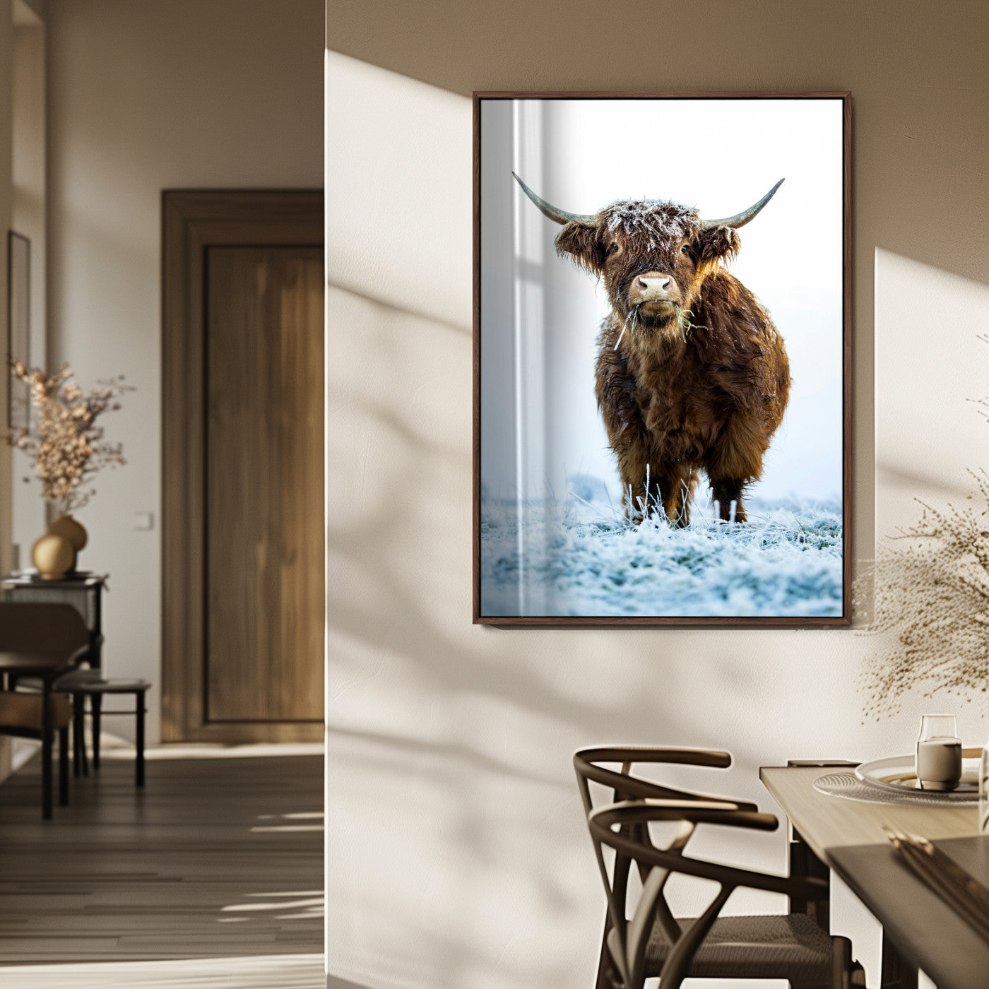 MGV-FP-48X32-3P - Highland Cow Wall Art Canvas Print, Framed Frosty Grass Art Picture Print, Winter Scene Perfect Rustic Farmhouse Decor Artwork