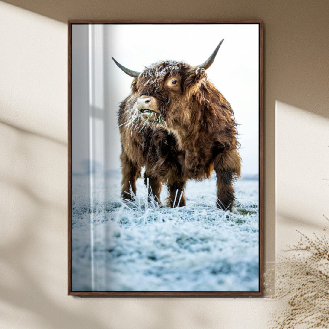 Minimalist Scottish Highland Cow Wall Art Canvas Print, Framed Farmhouse Country Style