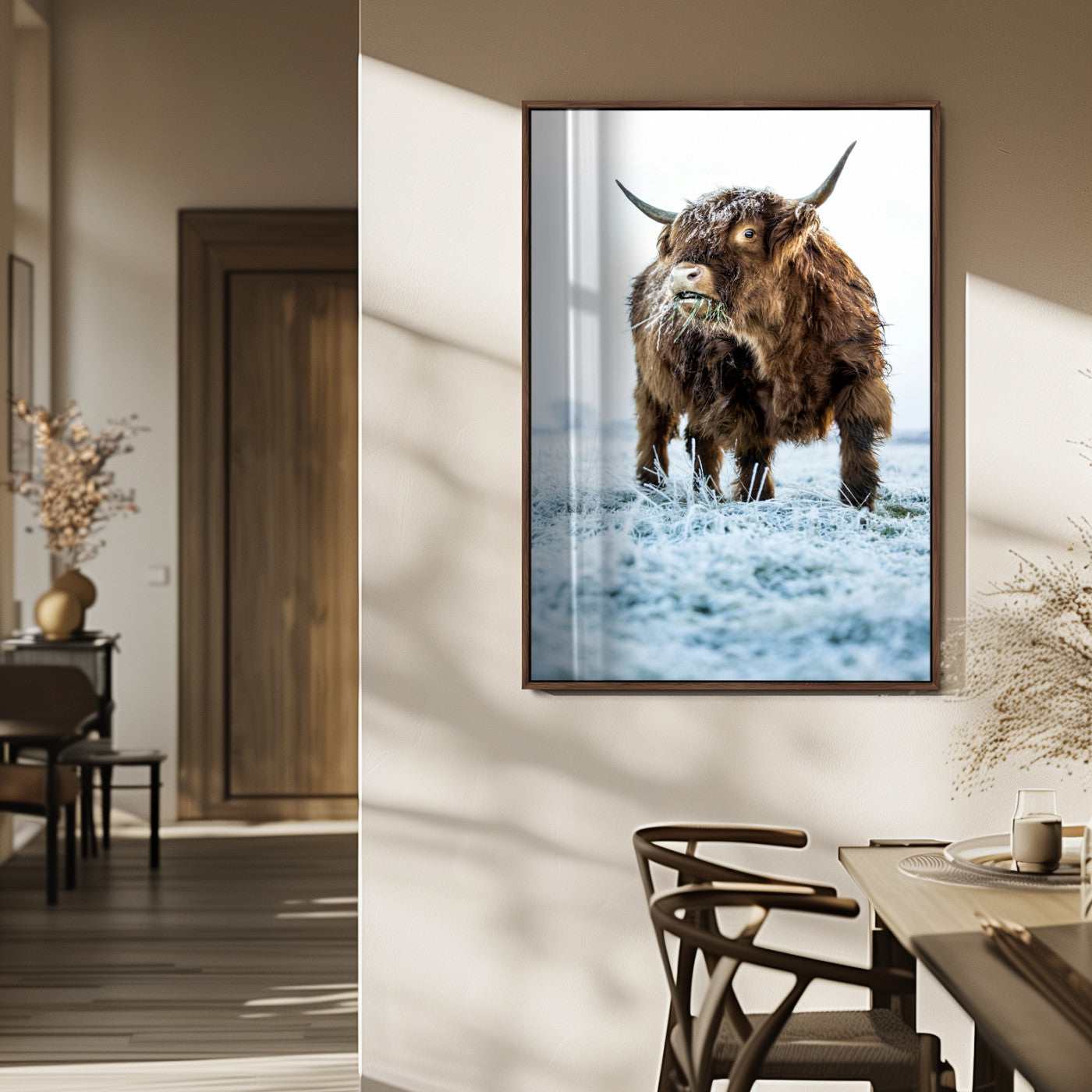 MGV-FP-48X32-3P - Minimalist Scottish Highlang Cow Wall Art Canvas Print for Farmhouse / County Style Art Print for