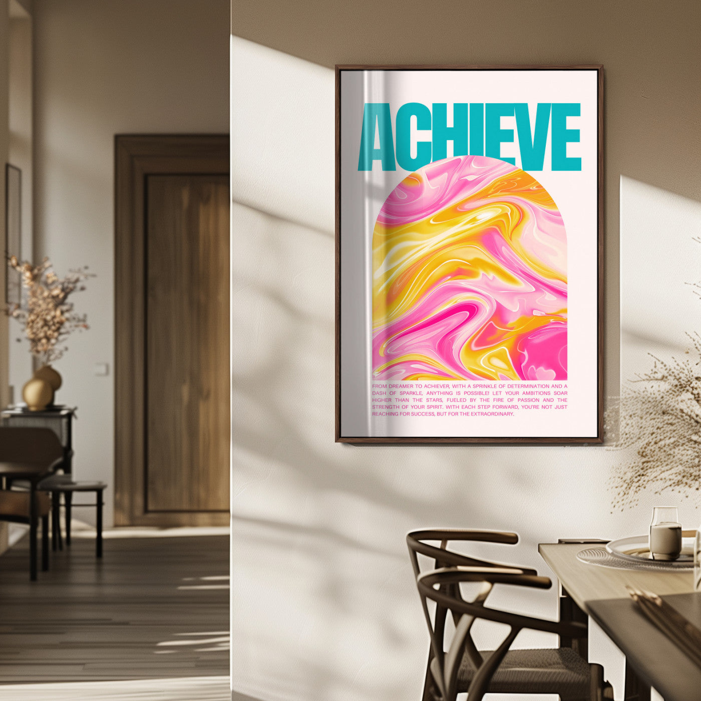 MGV-FP-48X32-3P - Achieve Motivational Poster Canvas Wall Art – Inspirational Abstract Pink & Yellow Swirls, Positive Quote Decor for Office, Home