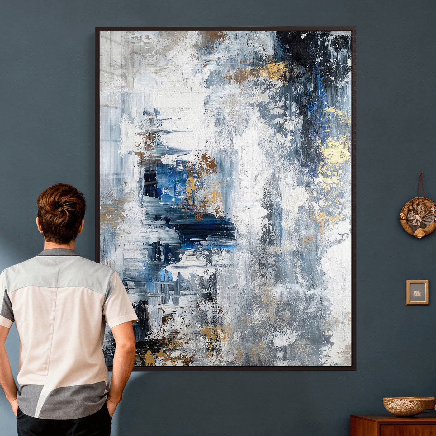 3962948988-MGV-CV-24X36 - Blue Abstract Wall Art Canvas Print, Gold Black Modern Architecture Canvas Print, Contemporary Moody City Artwork for Living Room Decor