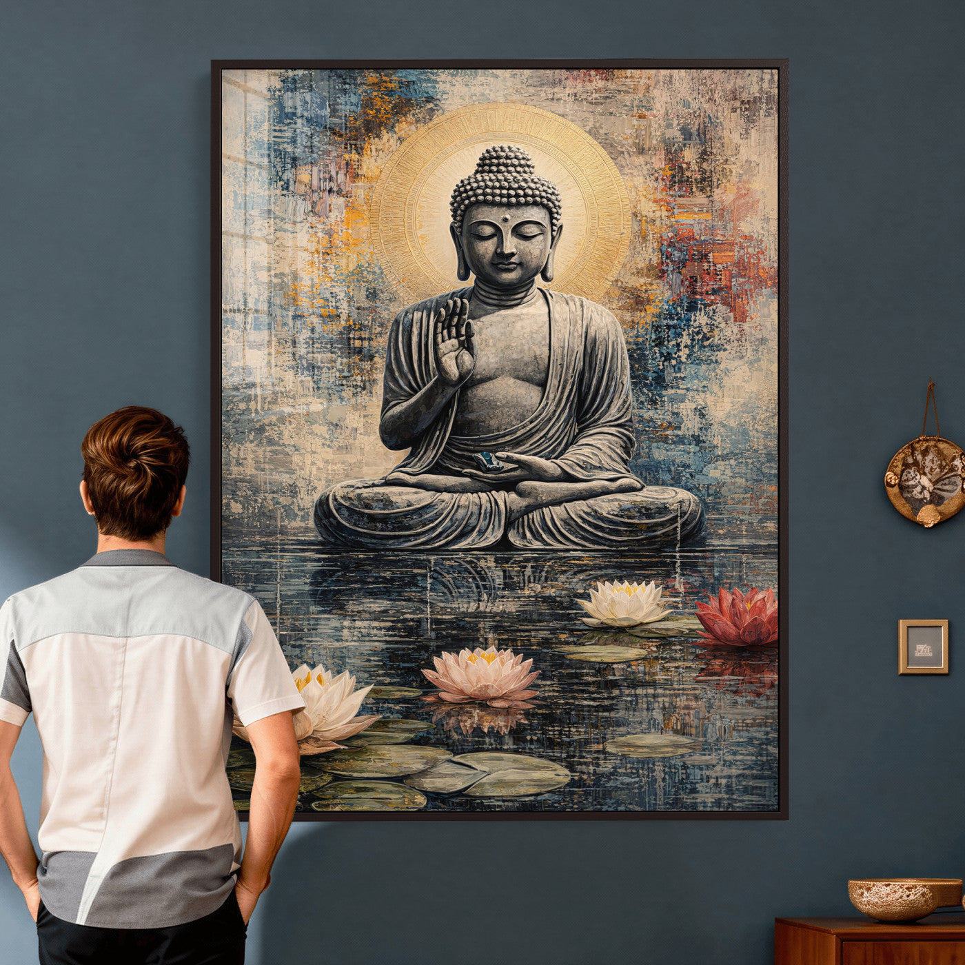 3812625445543-MGV-CV-24X36 - Serene Buddha with Lotus Flowers | Tranquil Meditation Art | Zen Wall Decor for Mindful Living Spaces | Spiritual Canvas Print