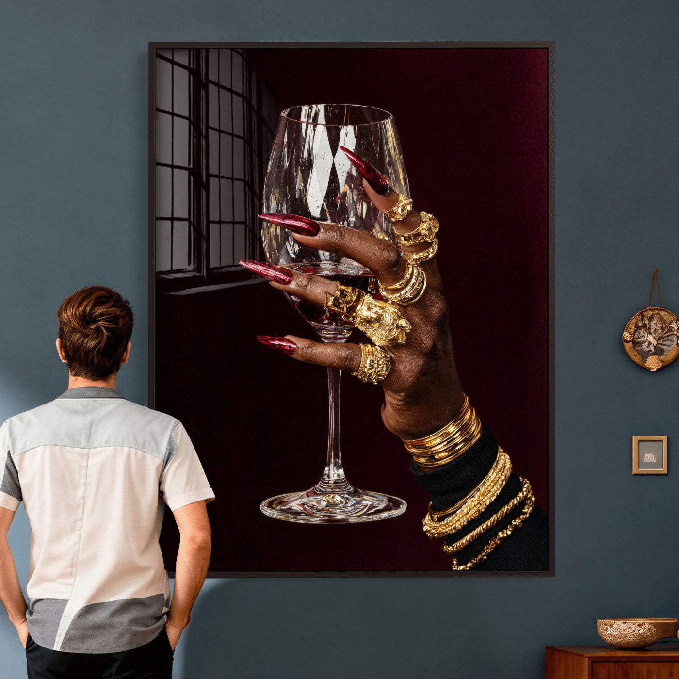 8151788Y6-MGV-CV-24X36 - Black Woman Holding Elegant Wine Glass Art, Black Girl Art, Black Woman Art, Trendy Black Girl Wall Art