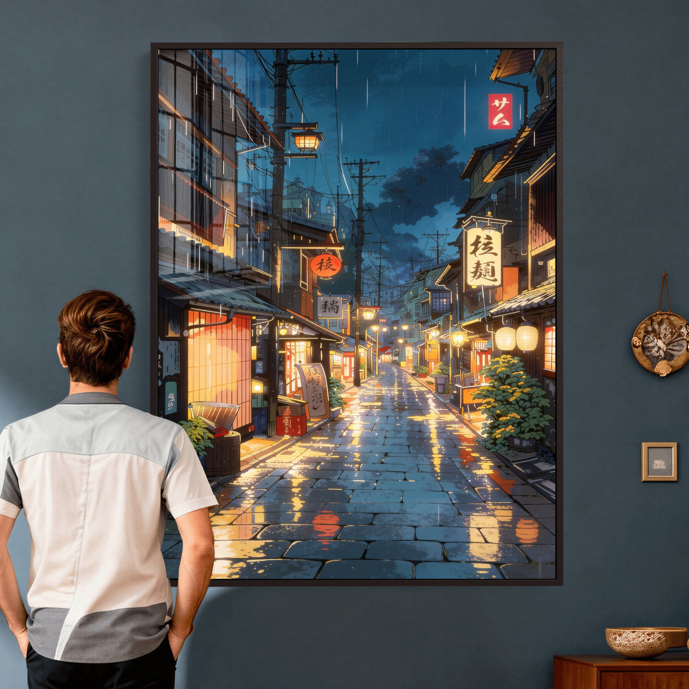 Tokyo Tea House Canvas Wall Art — Japan Rainy Night Street