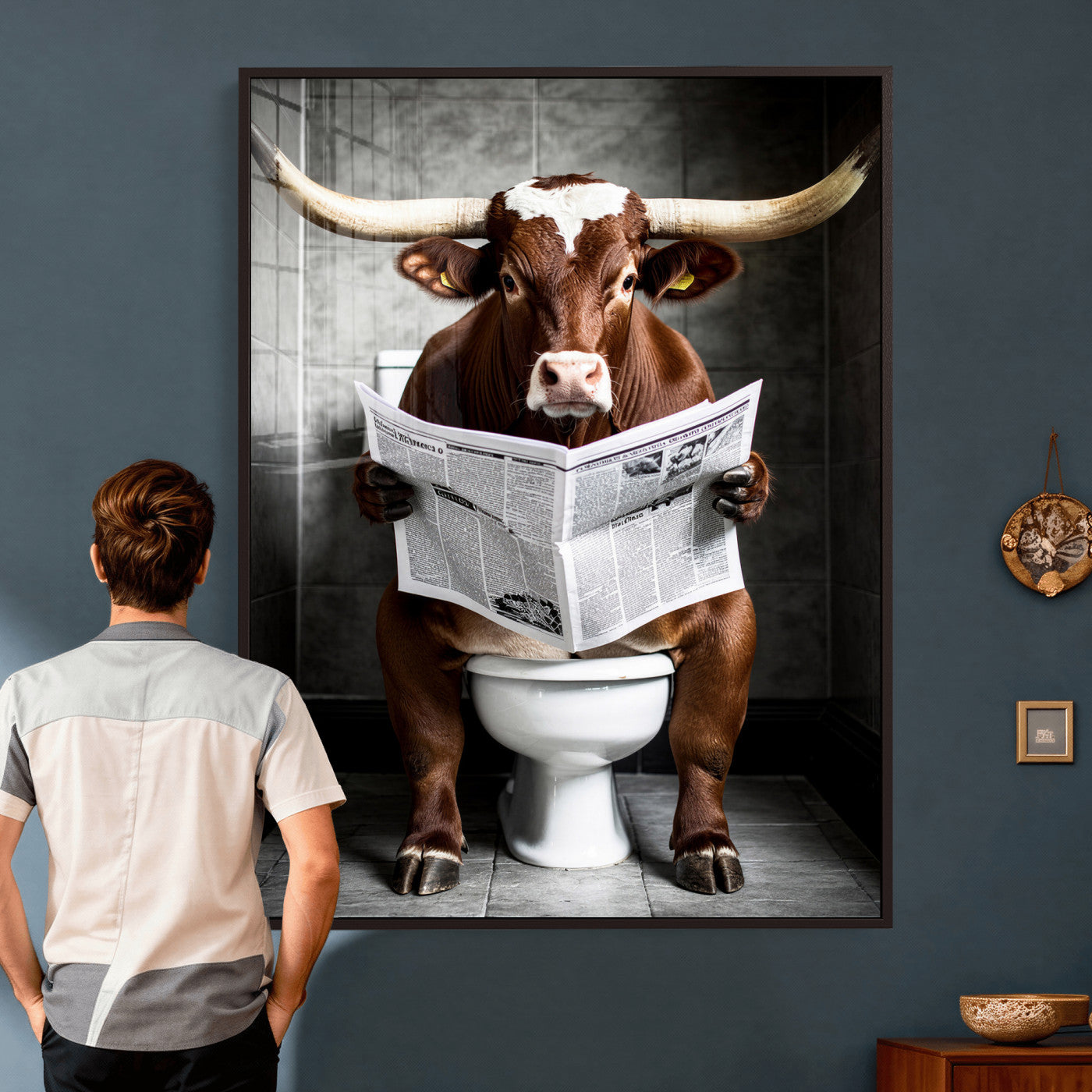 69808726-MGV-CV-24X36 - Texas Longhorn Cow Toilet Paper Canvas Wall Art, Funny Bathroom Black White Print, Cute Animal Humor Decor, Quirky Farmhouse Bathroom Art, Cow Lover Gift