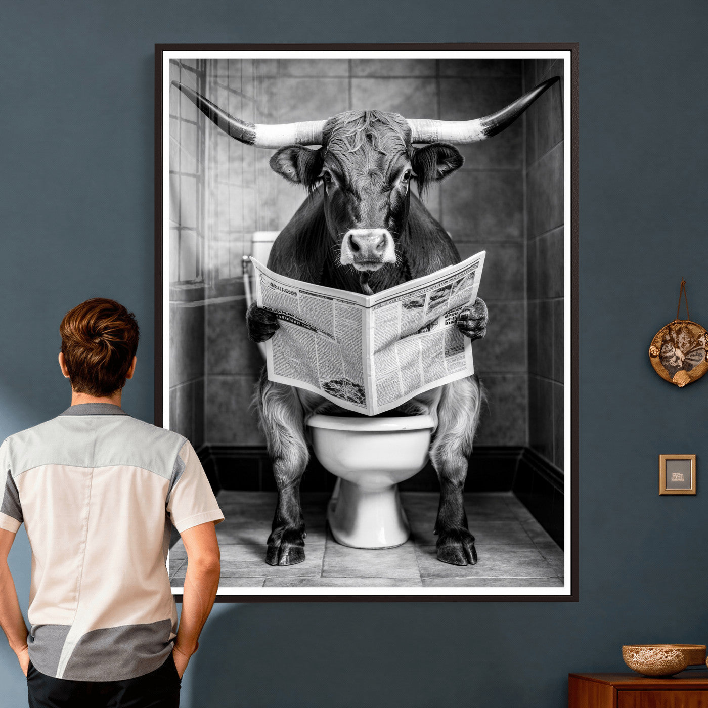 77994492-MGV-CV-24X36 - Texas Longhorn Cow Toilet Paper Canvas Wall Art, Funny Bathroom Black White Print, Cute Animal Humor Decor, Quirky Farmhouse Bathroom Art, Cow Lover Gift