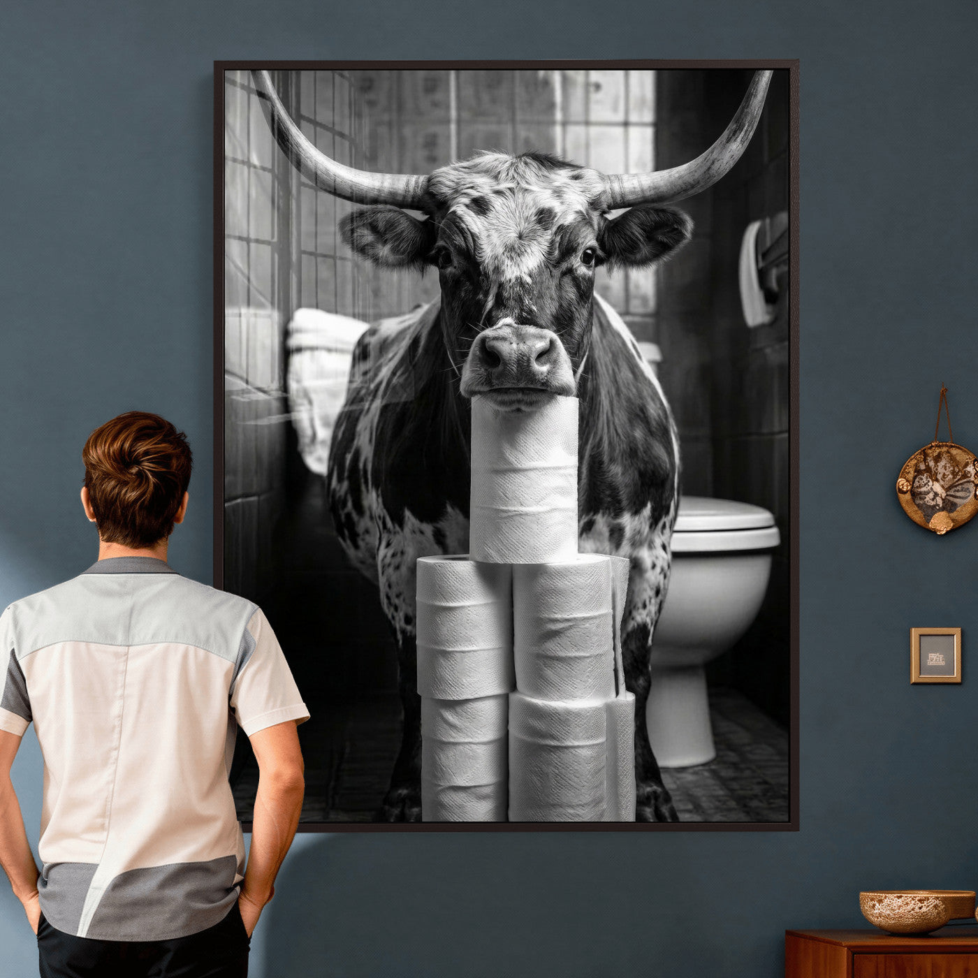 79259956-MGV-CV-24X36 - Texas Longhorn Cow Toilet Paper Canvas Wall Art, Funny Bathroom Black White Print, Cute Animal Humor Decor, Quirky Farmhouse Bathroom Art, Cow Lover Gift