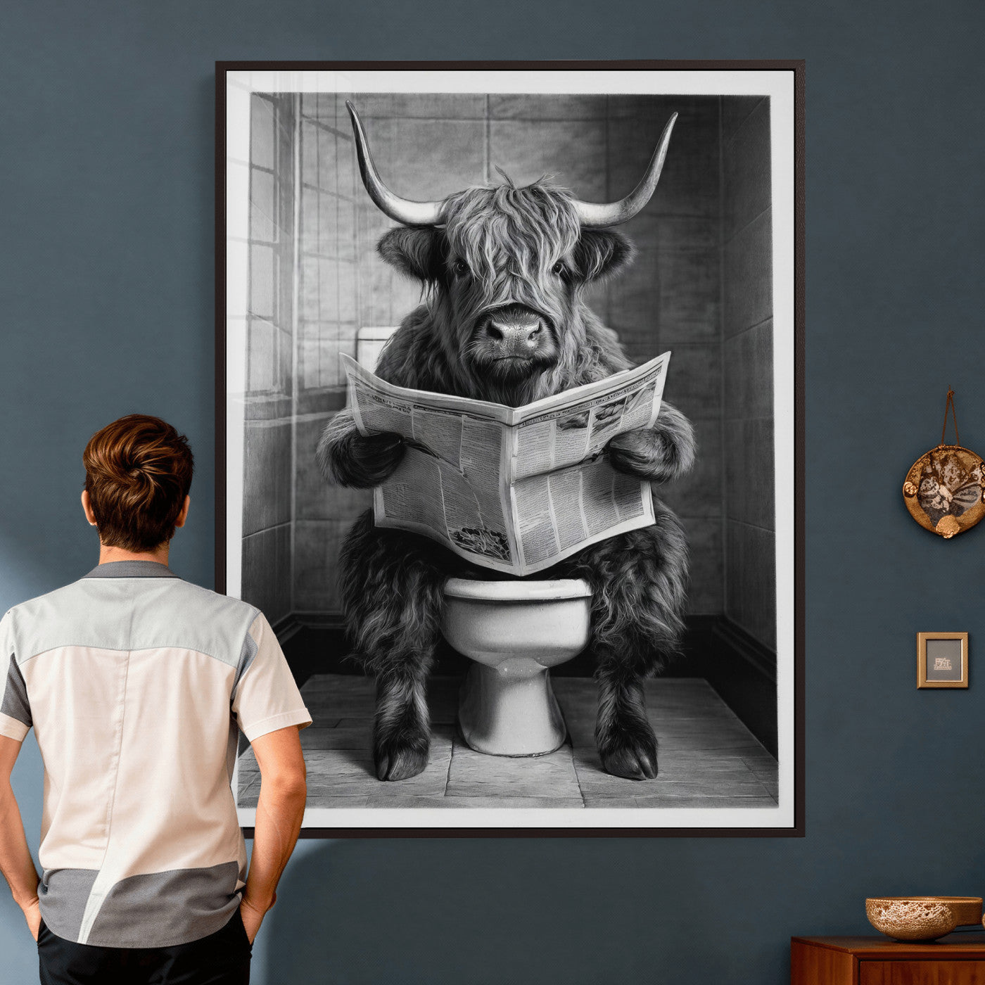 56930218-MGV-CV-24X36 - Funny Bathroom Canvas Wall Art, Texas Longhorn on Toilet Reading Newspaper, Humor Animal Print, Farmhouse Bathroom Decor, Quirky Cow Gift, Toilet Room Art