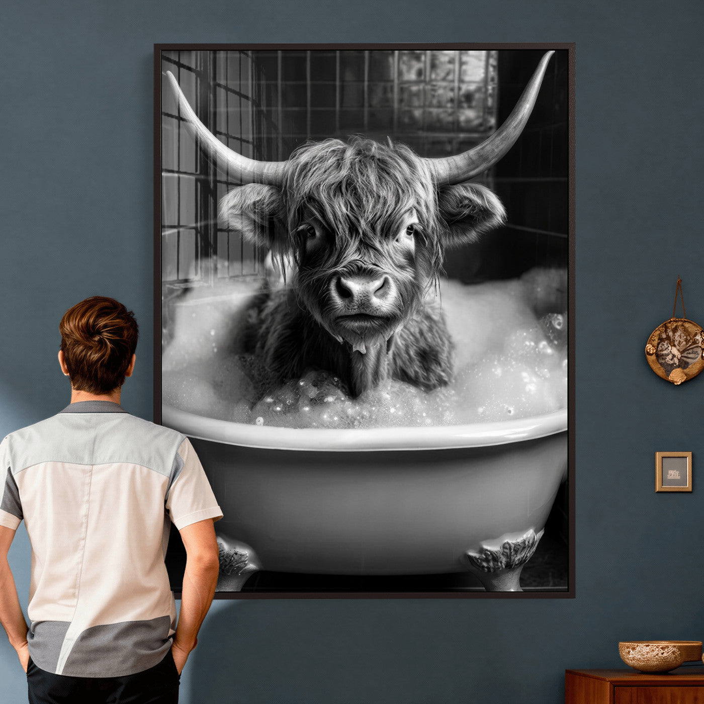 44020264-MGV-CV-24X36 - Highland Cow Bathtub Canvas Wall Art, Funny Bathroom Print Black White, Grumpy Cow Bubble Bath Decor, Animal Bathroom Art, Farmhouse Humor Print, Cute Cow Gift