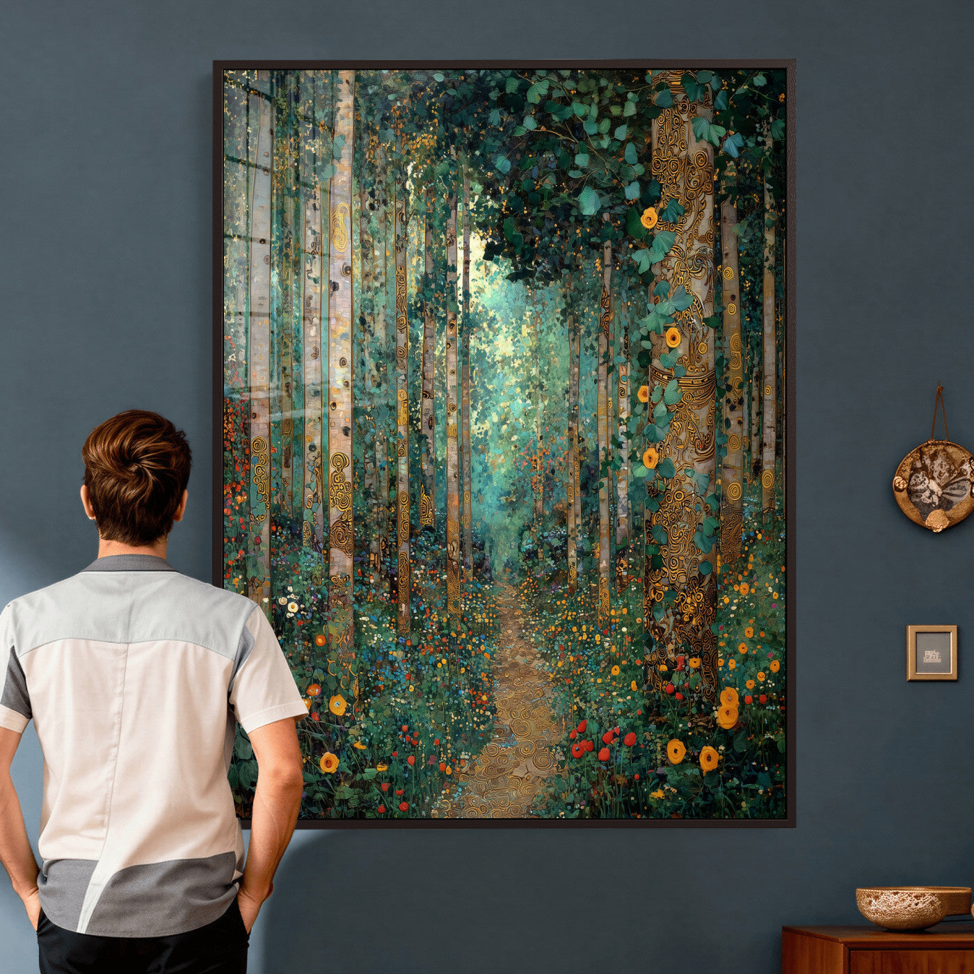 76587981-MGV-CV-24X36 - Gustav Klimt Style Forest Canvas Wall Art, Golden Forest Path Floral Art Nouveau Print, Enchanted Woodland Decor, Maximalist Colorful Nature Art