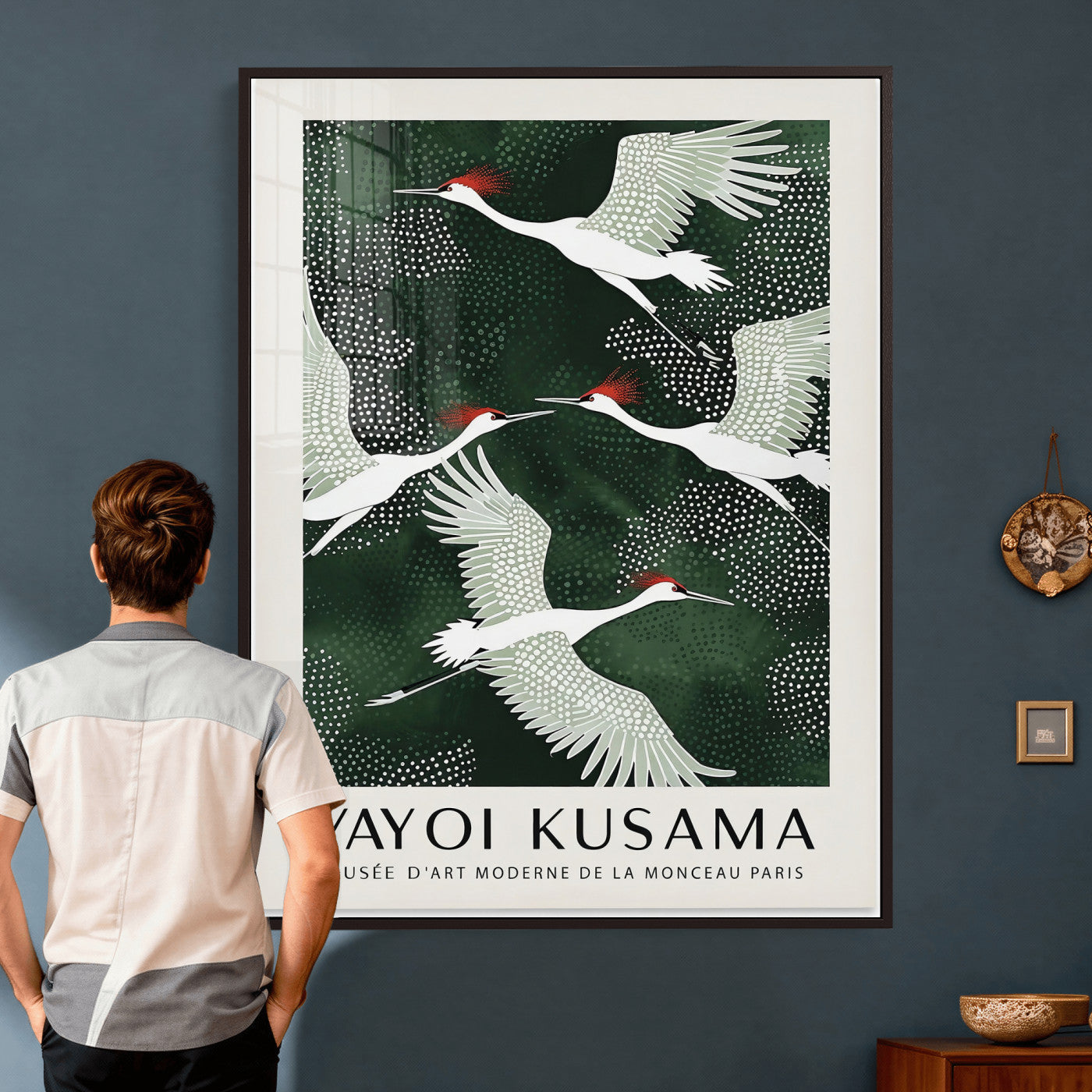 63036906-MGV-CV-24X36 - Yayoi Kusama Crane Bird Wall Art Canvas Print, Japanese Inspired Flying Heron Framed Artwork, Green Botanical Nature Decor for Living Room Bedroom Office