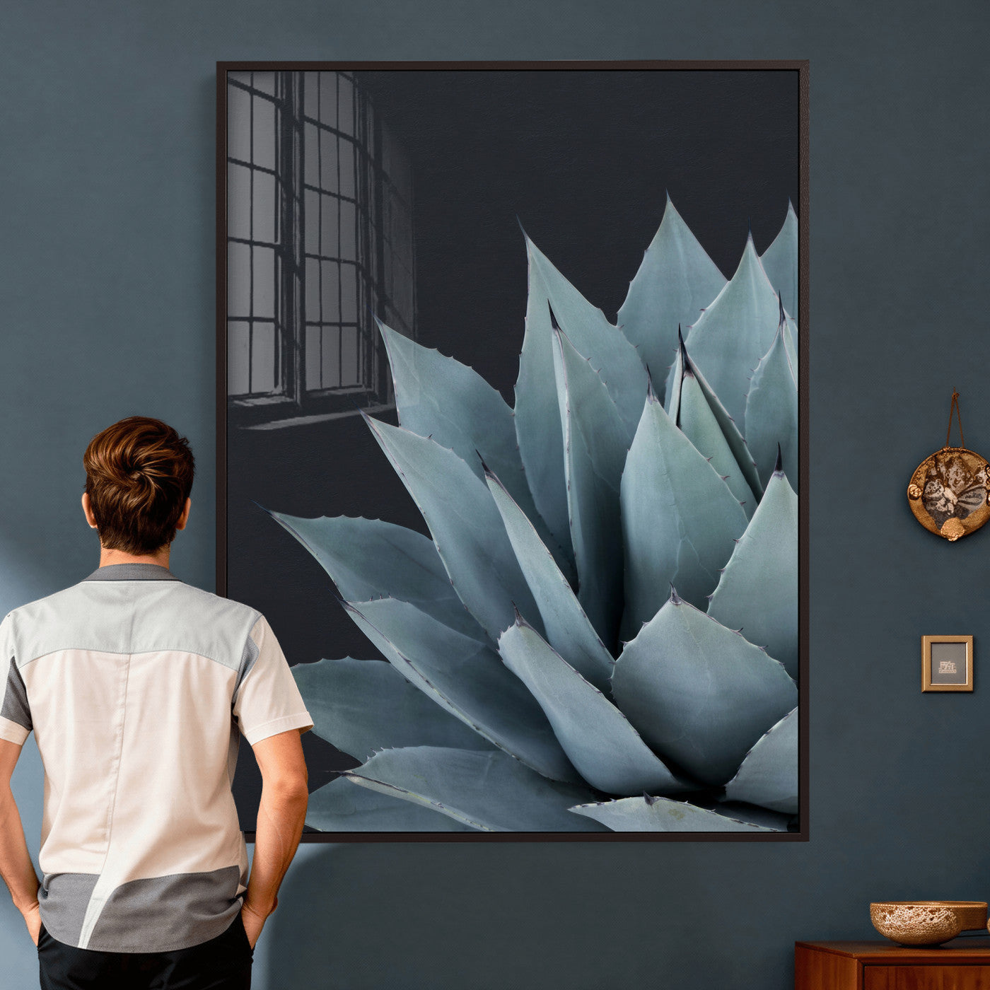 59803798-MGV-CV-24X36 - Agave Wall Art Canvas Print, Blue Green Succulent Botanical Framed Artwork, Minimalist Desert Plant Decor for Living Room Bedroom Office Bathroom