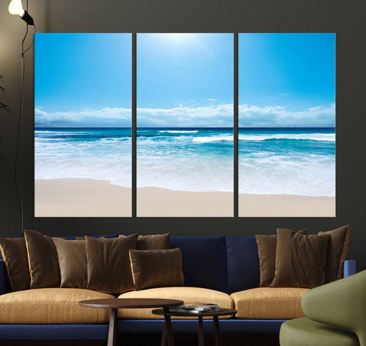 Lienzo decorativo para pared grande con estampado de mar y playa azul brillante