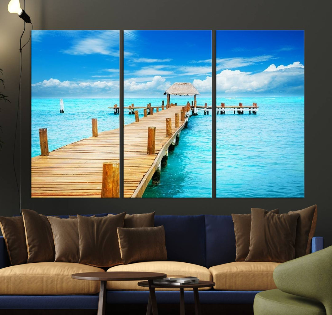 Tropical Pier Triptych Wall Art, Stunning Turquoise Ocean and Wooden Dock Canvas Print, Coastal Beach House Decor, Ocean View Canvas Art