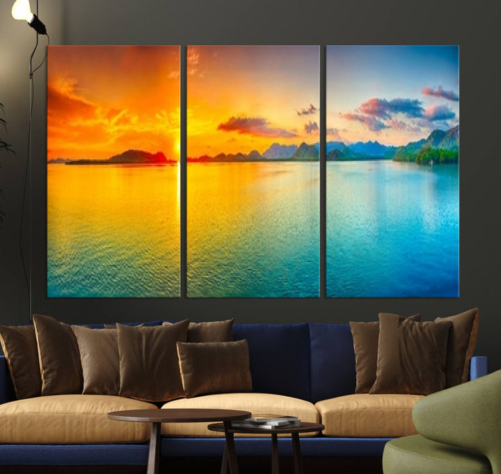 Impresión en lienzo de arte de pared grande, puesta de sol colorida, mar y montaña para decoración de sala de estar