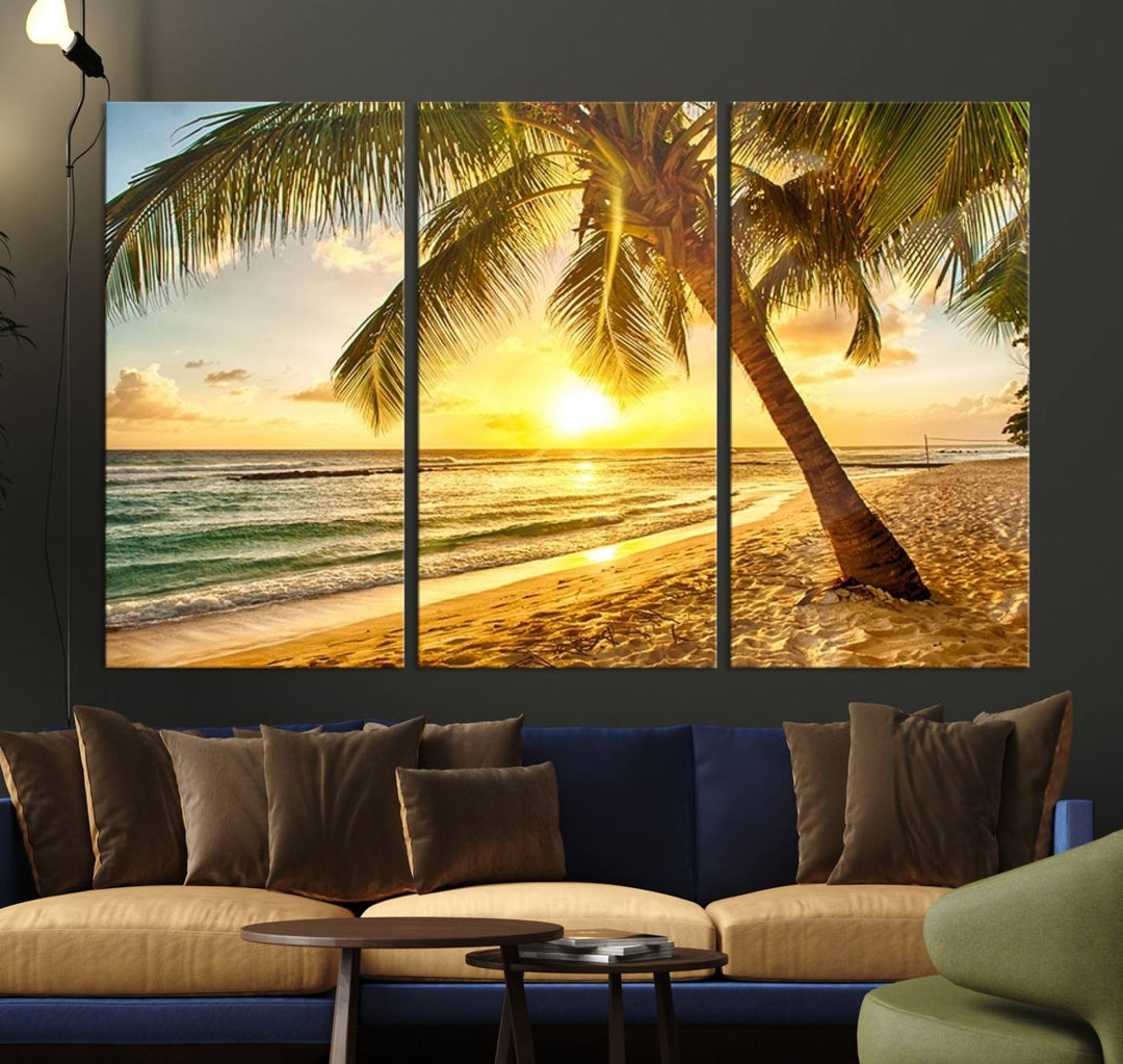 Wall Art Canvas Print Palm on Beach at Bright Sunset