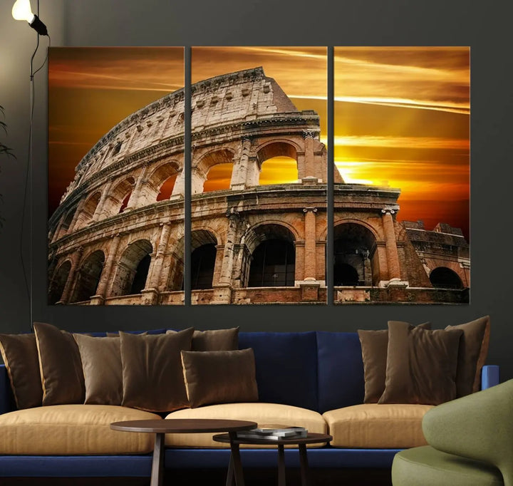 A three-panel canvas titled "Colosseum with Yellow Sunset Behind, Italy," protected with a UV-coating, is elegantly displayed.