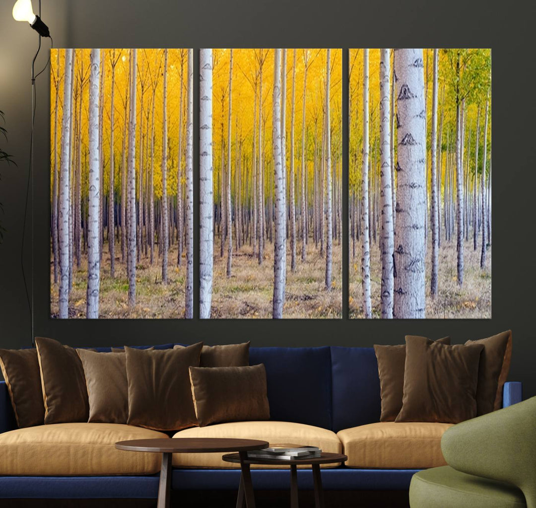 Impresión artística de pared con bosque de abedules en otoño