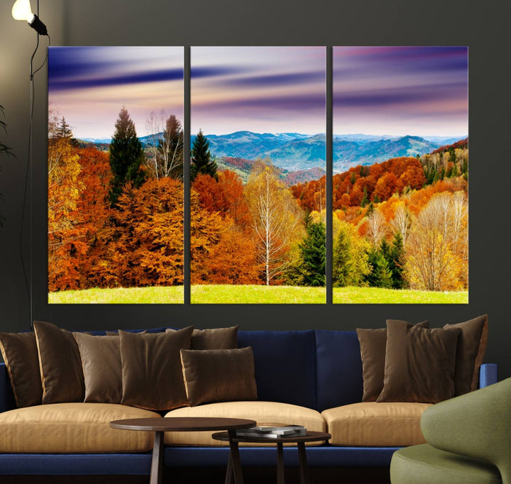 Autumn Colorful Forest Blue Mountains and Purple Sky at Sunset Wall Art Canvas Print