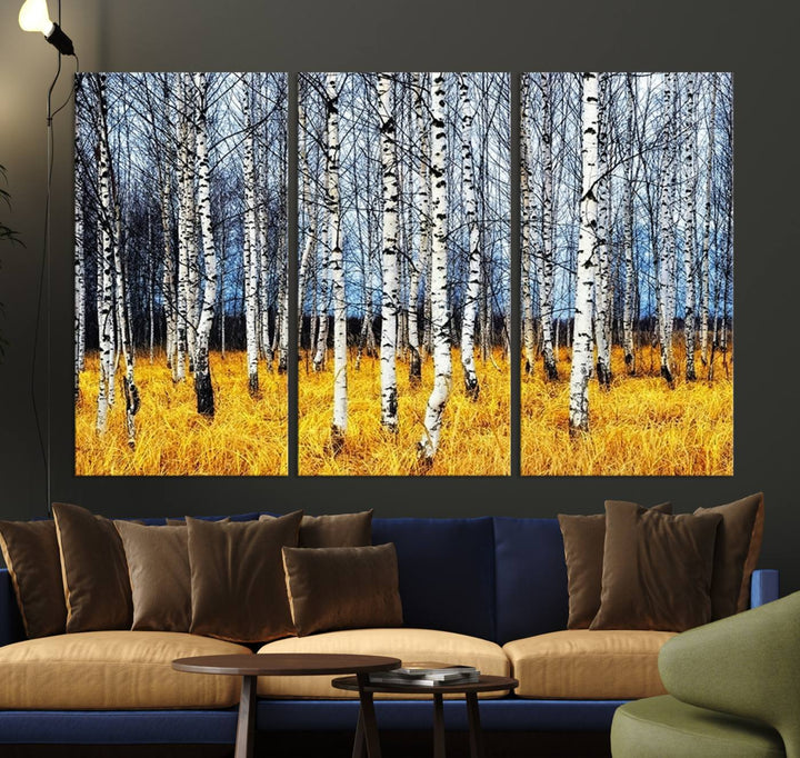 Birch Trees Wall Art Print, Wall Art Landscape Canvas Print Leafless Trees on Yellow Ground