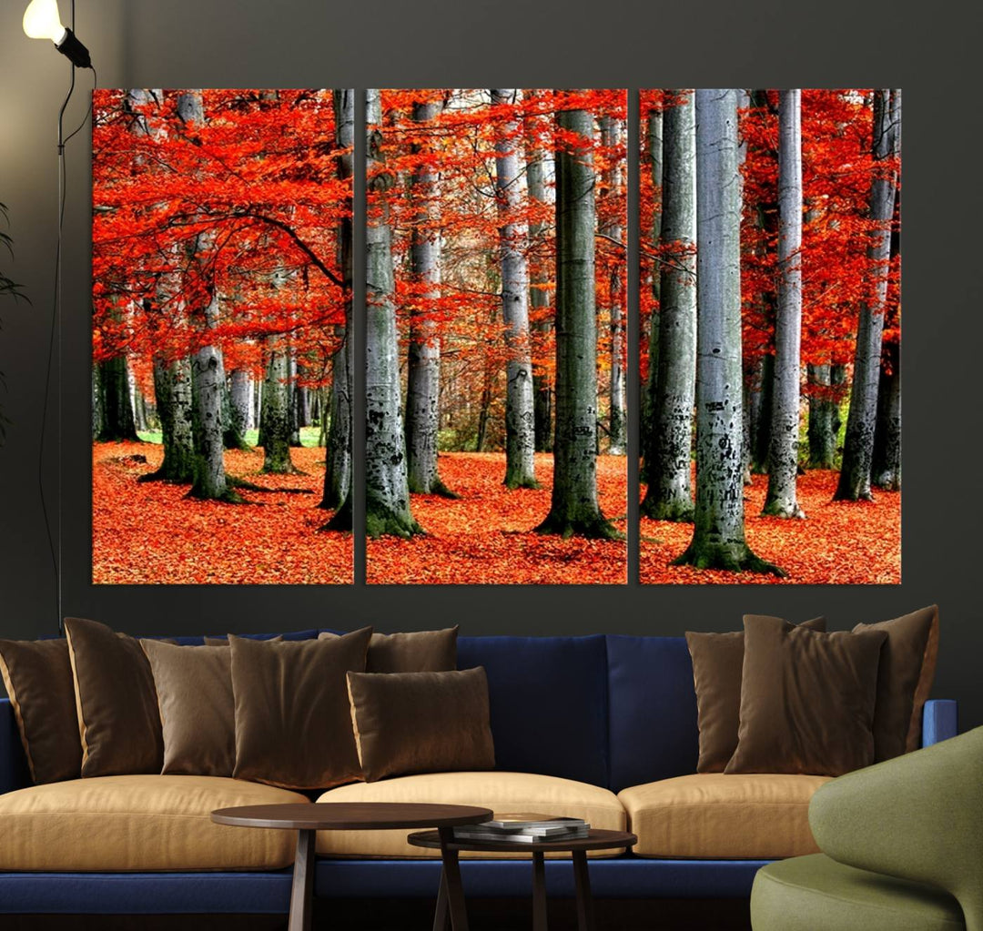 Impression sur toile de paysage d'art mural, feuilles rouges sur des arbres sur fond rouge