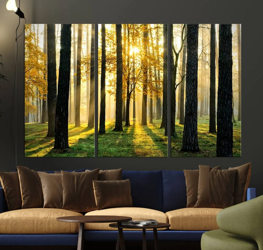 The living room is enhanced by the "Wall Art Landscape Canvas Print Tall Trees in Forest at Sunset" on museum-quality canvas. This triptych, complete with a UV-protective coating, is ready to hang and adds an artistic touch to the space.