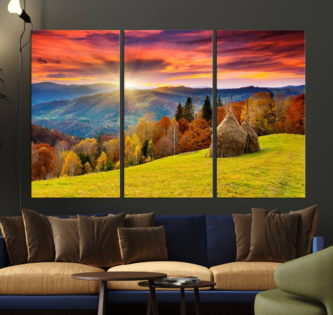 Impression sur toile de paysage d'art mural, tous les tons de vert au coucher du soleil